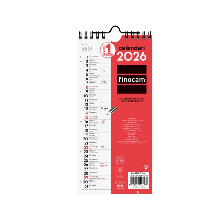 Finocam Calendario de Pared en Catalan - Anual 2026 - 110x5x240mm - Espacio para Escribir - Color Blanco y Rojo