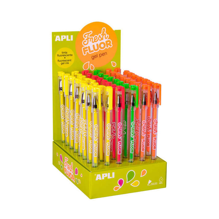 Apli Gel Pen Fresh Fluor - 48 Boligrafos de Tinta Gel Fluorescente - Secado Rapido y Larga Duracion - Grueso de Escritura de 1m
