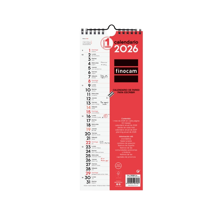 Finocam Calendario de Pared - Anual 2026 - Formato Largo M - 130x5x335mm - Espacio para Escribir - Color Blanco y Rojo