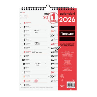 Finocam Calendario de Pared en Catalan - Anual 2026 - Espacio para Escribir - Formato M - 210x6x305mm - Dos Columnas - Color Bl