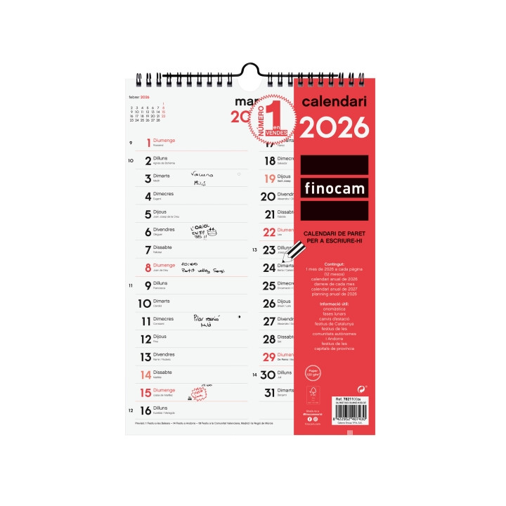 Finocam Calendario de Pared en Catalan - Anual 2026 - Espacio para Escribir - Formato M - 210x6x305mm - Dos Columnas - Color Bl