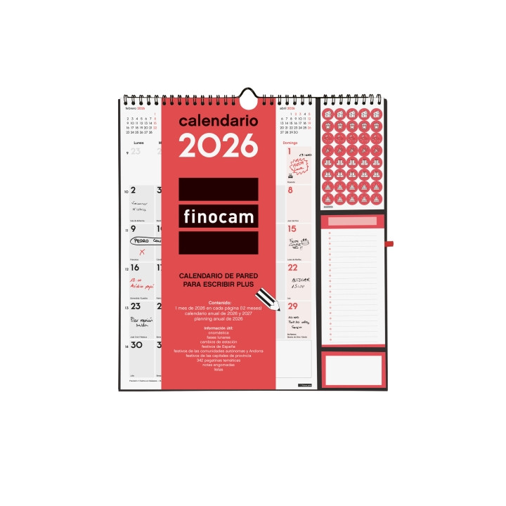 Finocam Calendario de Pared - Anual 2026 - Anilla Portaboligrafo - 300x11x335mm - Espacio para Escribir - Color Blanco y Rojo