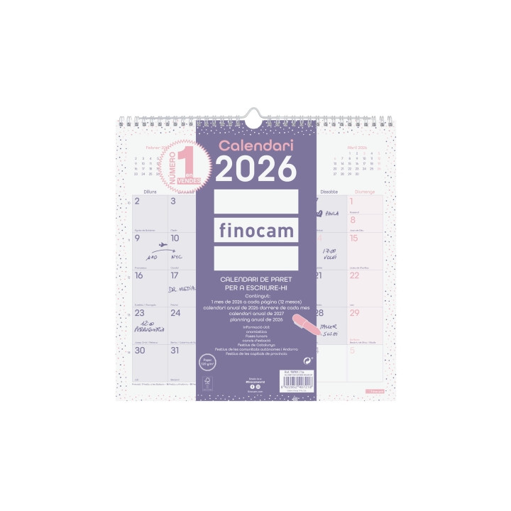 Finocam Chic Calendario de Pared en Catalan - Anual 2026 - 300x5x310mm - Espacio para Escribir - Color Morado