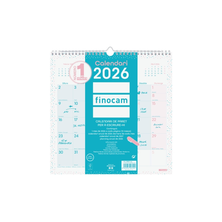 Finocam Chic Calendario de Pared en Catalan - Anual 2026 - 300x5x310mm - Espacio para Escribir - Color Turquesa