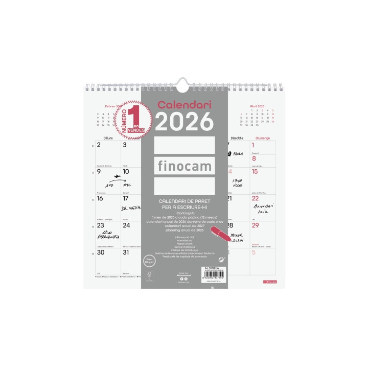 Finocam Chic Calendario de Pared en Catalan - Anual 2026 - 300x5x310mm - Espacio para Escribir - Color Blanco