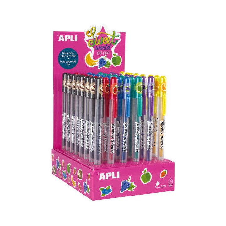 Apli Sweet World Gel Pen Expositor - 48 Boligrafos de Tinta Gel con Aroma a Frutas - 8 Colores Surtidos - 1mm de Grosor de Escr