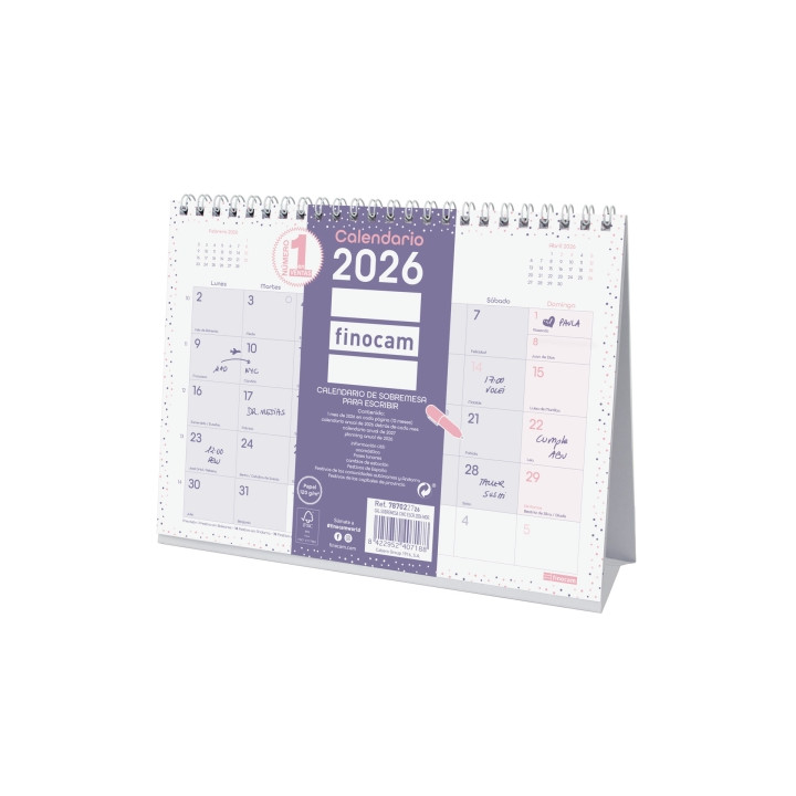 Finocam Chic Calendario de Sobremesa - Anual 2026 - 210x70x155mm - Espacio para Escribir - Color Morado
