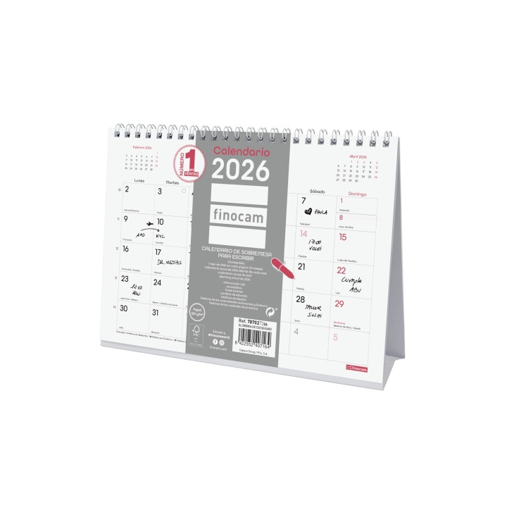 Finocam Chic Calendario de Sobremesa - Anual 2026 - 210x70x155mm - Espacio para Escribir - Color Blanco