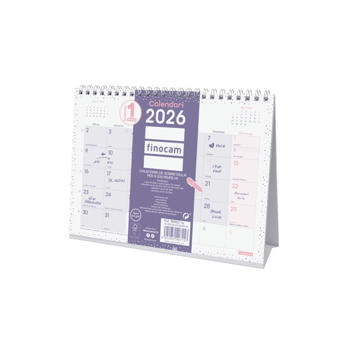 Finocam Chic Calendario de Sobremesa en Catalan - Anual 2026 - 210x70x155mm - Espacio para Escribir - Color Morado