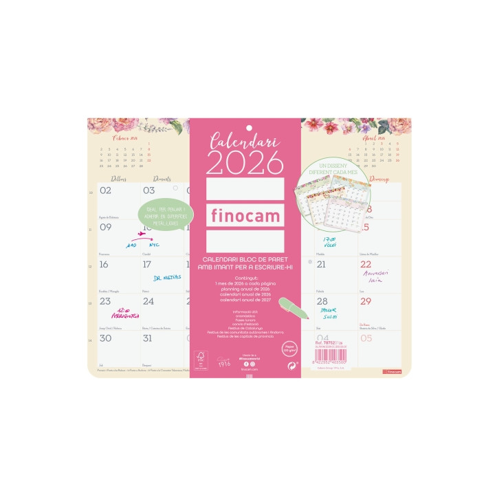 Finocam Design Calendario Imantado en Catalan - Anual 2026 - Bloc Encolado - 250x6x200mm - Espacio para Escribir - Color Surtid