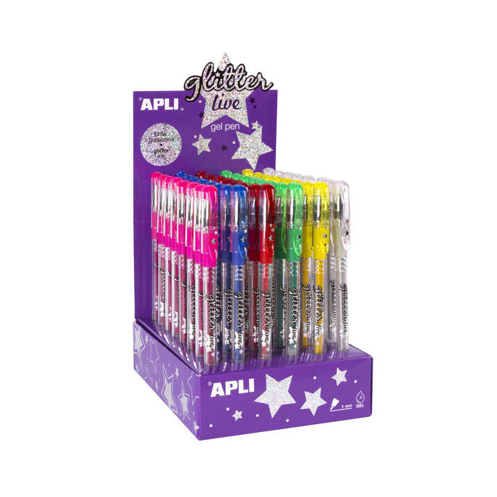 Apli Gel Pen Glitter Live - 48 Boligrafos de Tinta Gel con Purpurina - Resistentes