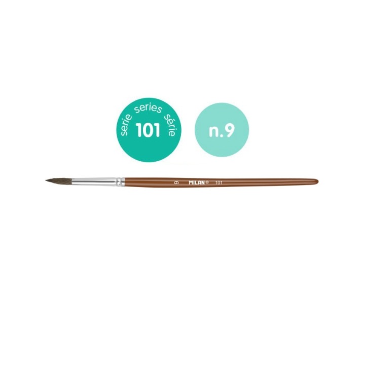 Milan 101 Pack de 6 Pinceles Escolares Redondos Numero 9 - Bolsa con Colgador - Pelo de Cabra y Sintetico - Color Madera Oscuro