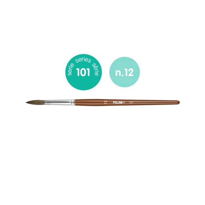 Milan 101 Pack de 6 Pinceles Escolares Redondos Numero 12 - Bolsa con Colgador - Pelo de Cabra y Sintetico - Color Madera Oscur