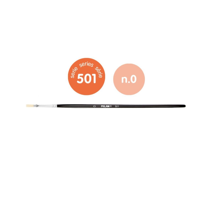 Milan 501 Pack de 12 Pinceles Planos Numero 0 - Bolsa con Colgador - Cerda Natural - Color Negro