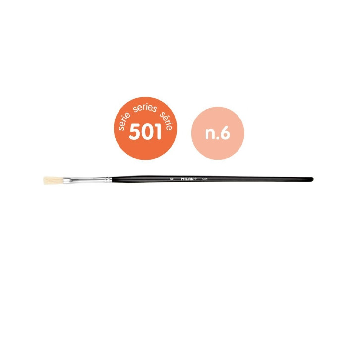 Milan 501 Pack de 6 Pinceles Planos Numero 6 - Bolsa con Colgador - Cerda Natural - Color Negro