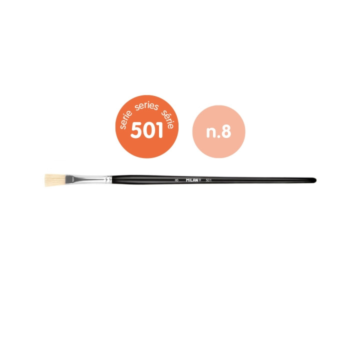 Milan 501 Pack de 6 Pinceles Planos Numero 8 - Bolsa con Colgador - Cerda Natural - Color Negro