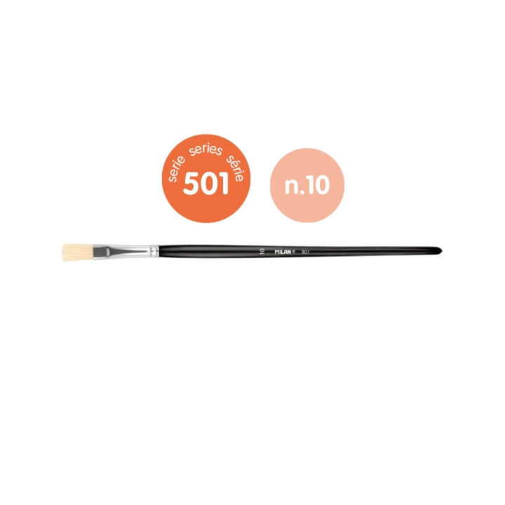 Milan 501 Pack de 6 Pinceles Planos Numero 10 - Bolsa con Colgador - Cerda Natural - Color Negro