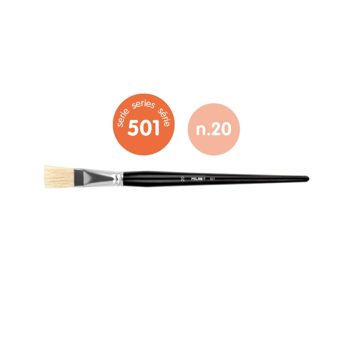 Milan 501 Pack de 4 Pinceles Planos Numero 20 - Bolsa con Colgador - Cerda Natural - Color Negro