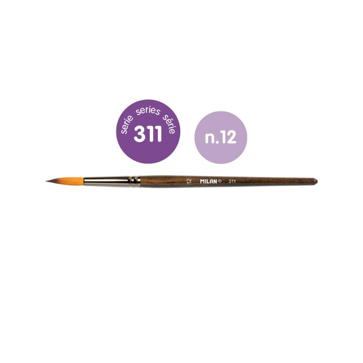 Milan 311 Pack de 6 Pinceles Redondos Numero 12 - Bolsa con Colgador - Pelo Sintetico - Color Madera Oscuro
