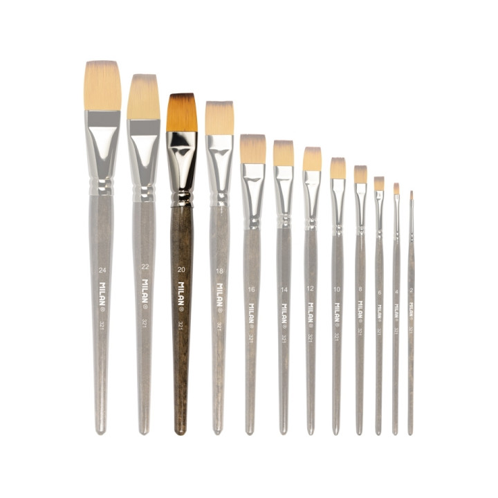 Milan 321 Pack de 3 Pinceles Planos Numero 20 - Bolsa con Colgador - Pelo Sintetico - Color Madera Oscuro