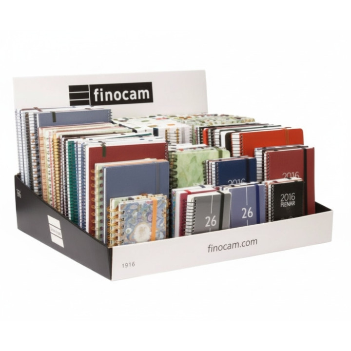 Finocam Expositor Grande con 100 Agendas de Espiral Surtidas - Anual 2026 - Color Surtidos