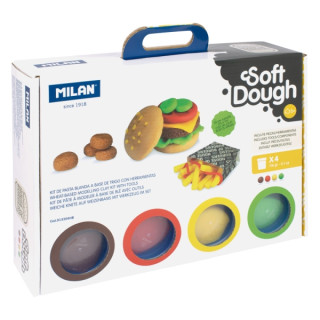 Milan Soft Dough Pack de 4 Botes de Pasta Blanda - Maletin con Herramientas - 116g por Unidad - 100% Vegetal - Moldeable - Sin