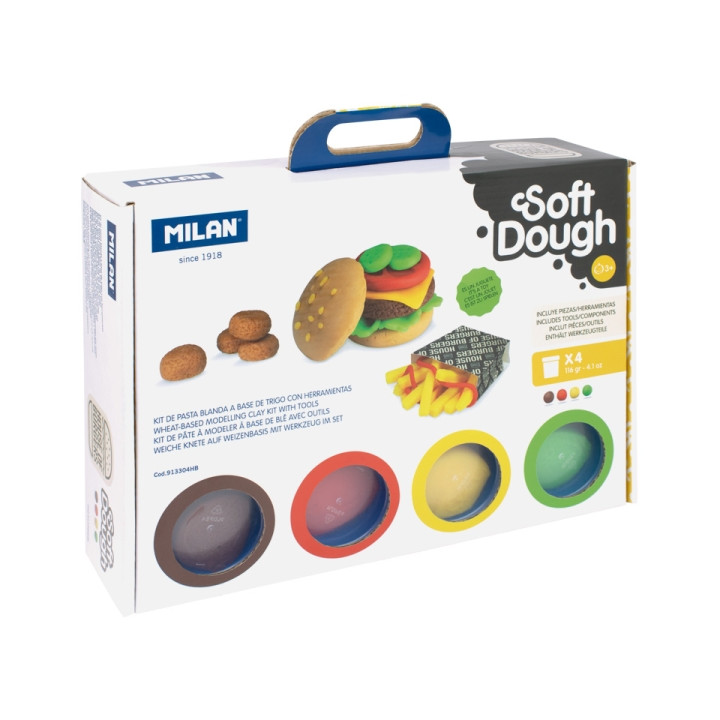 Milan Soft Dough Pack de 4 Botes de Pasta Blanda - Maletin con Herramientas - 116g por Unidad - 100% Vegetal - Moldeable - Sin