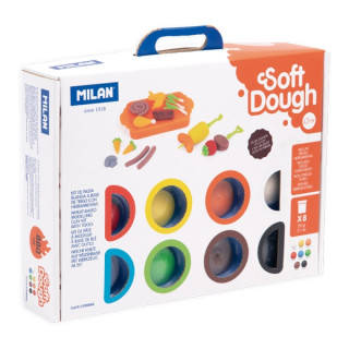 Milan Soft Dough Pack de 8 Botes de Pasta Blanda - Maletin con Herramientas - 59g por Unidad - 100% Vegetal - Moldeable - Sin R