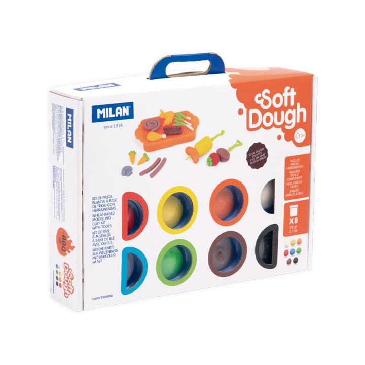 Milan Soft Dough Pack de 8 Botes de Pasta Blanda - Maletin con Herramientas - 59g por Unidad - 100% Vegetal - Moldeable - Sin R