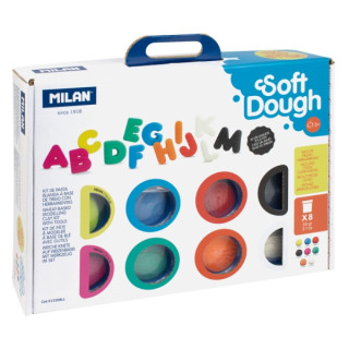 Milan Soft Dough Pack de 8 Botes de Pasta Blanda - Maletin con Herramientas - 59g por Unidad - 100% Vegetal - Moldeable - Sin R