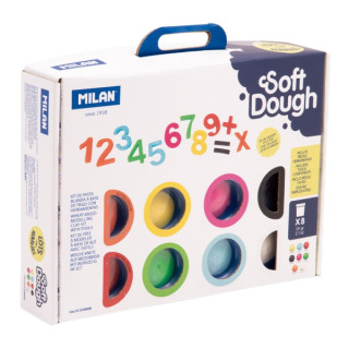 Milan Soft Dough Pack de 8 Botes de Pasta Blanda - Maletin con Herramientas - 59g por Unidad - 100% Vegetal - Moldeable - Sin R