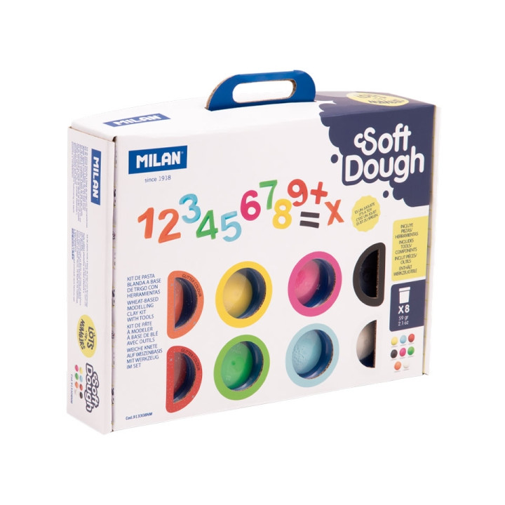 Milan Soft Dough Pack de 8 Botes de Pasta Blanda - Maletin con Herramientas - 59g por Unidad - 100% Vegetal - Moldeable - Sin R