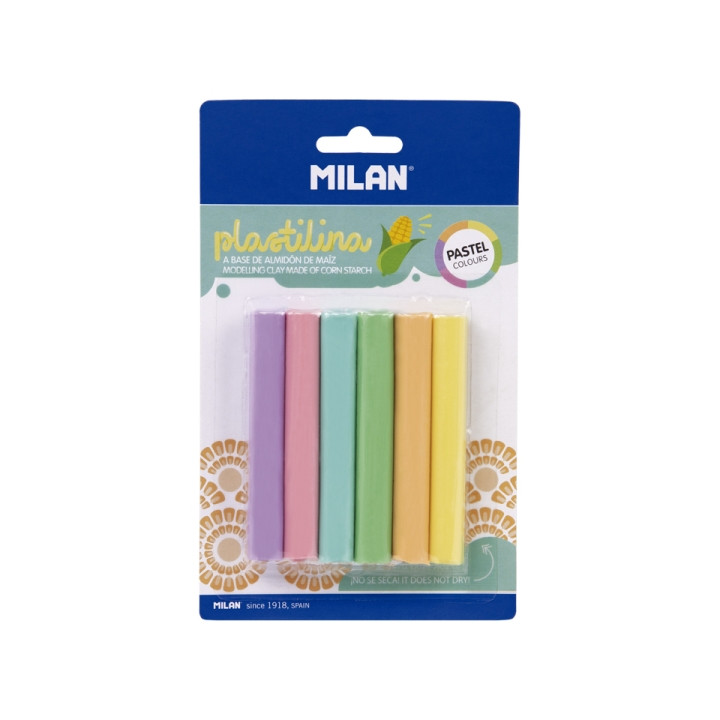 Milan Pack de 6 Barritas Plastilina de Colores - 100% Vegetal - Muy Moldeable - No Se Seca - Colores Mezclables - 70g - Colores