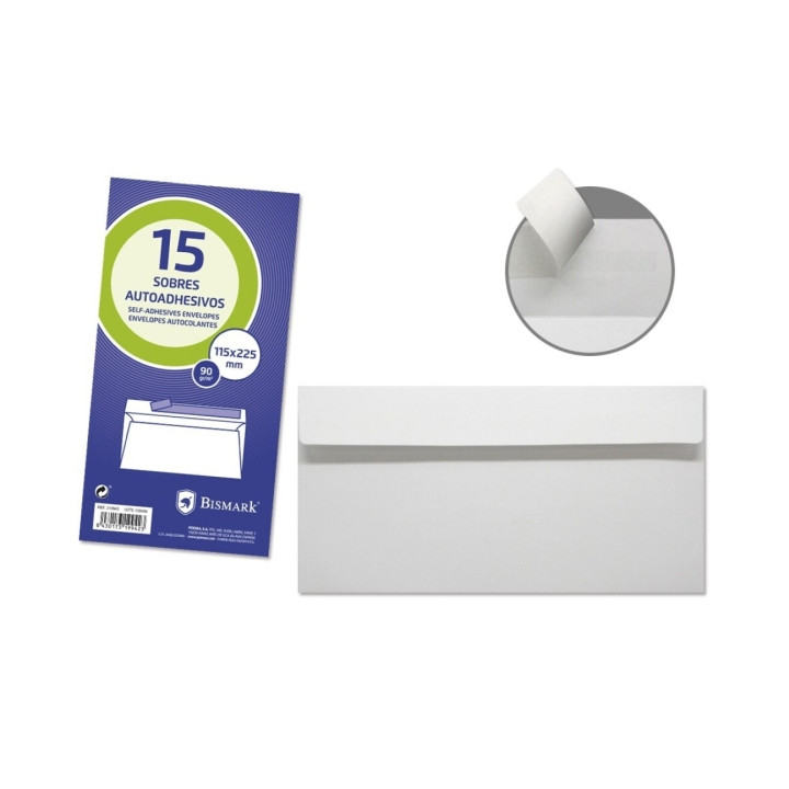 Bismark Pack de 15 Sobres Americanos Papel 90grs - Medidas 115x225mm - Cierre Autoadhesivo - Color Blanco
