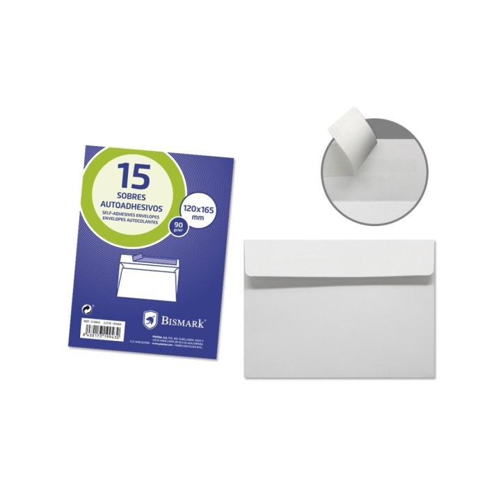 Bismark Pack de 15 Sobres Comercial Papel 90grs - Medidas 120x165mm - Cierre Autoadhesivo - Color Blanco
