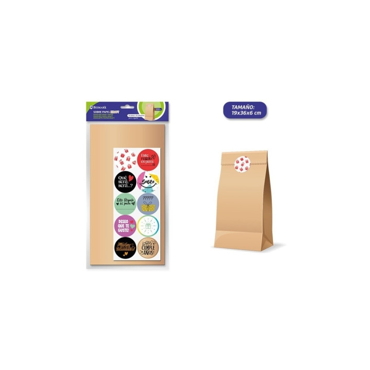 Bismark Pack de 10 Sobres Papel Kraft 50grs con 10 Pegatinas para Cierre - Medidas 19x36x6cm - Ideal para Regalos - Color Marro