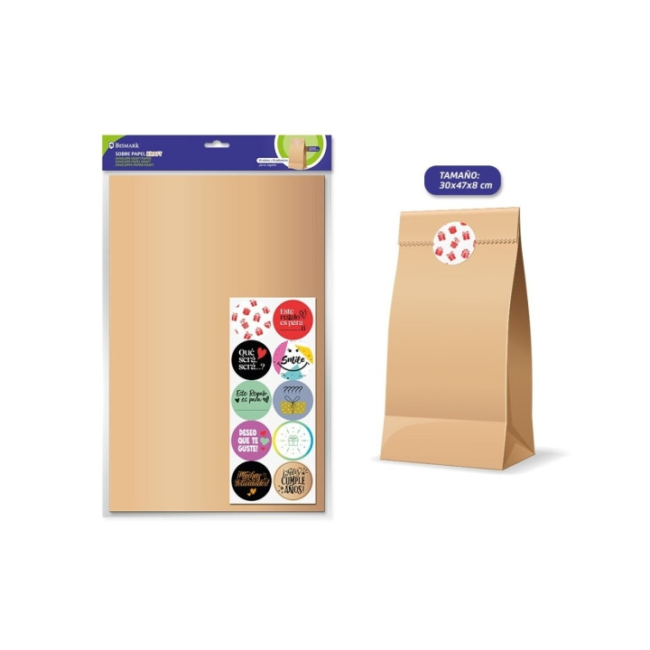 Bismark Pack de 10 Sobres Papel Kraft 50grs con 10 Pegatinas para Cierre - Medidas 30x47x8cm - Ideal para Regalos - Color Marro