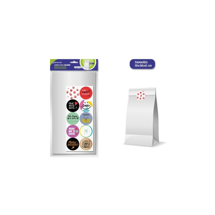 Bismark Pack de 10 Sobres Papel Kraft 50grs con 10 Pegatinas para Cierre - Medidas 19x36x6cm - Ideal para Regalos - Color Blanc