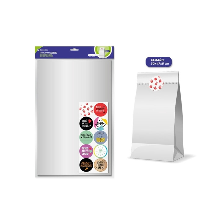 Bismark Pack de 10 Sobres Papel Kraft 50grs con 10 Pegatinas para Cierre - Medidas 30x47x8cm - Ideal para Regalos - Color Blanc