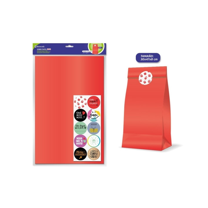 Bismark Pack de 10 Sobres Papel Kraft 50grs con 10 Pegatinas para Cierre - Medidas 30x47x8cm - Ideal para Regalos - Color Rojo