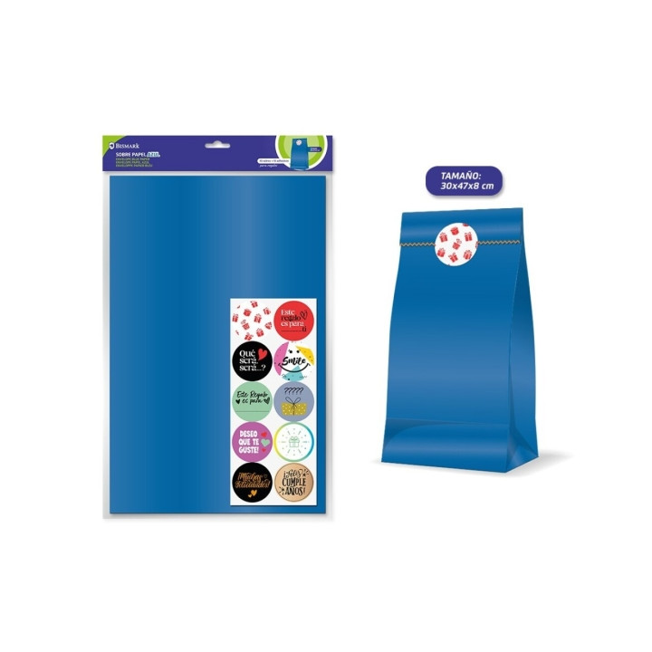 Bismark Pack de 10 Sobres Papel Kraft 50grs con 10 Pegatinas para Cierre - Medidas 30x47x8cm - Ideal para Regalos - Color Azul