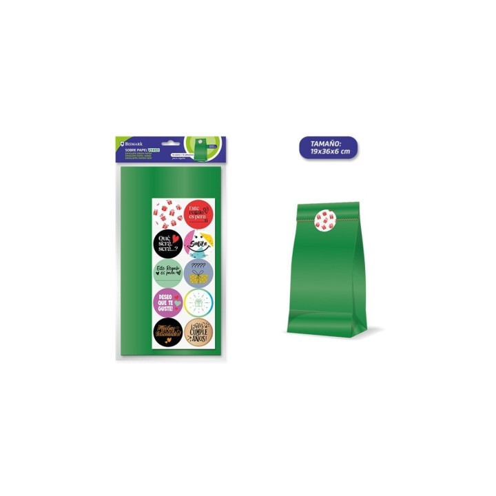 Bismark Pack de 10 Sobres Papel Kraft 50grs con 10 Pegatinas para Cierre - Medidas 19x36x6cm - Ideal para Regalos - Color Verde