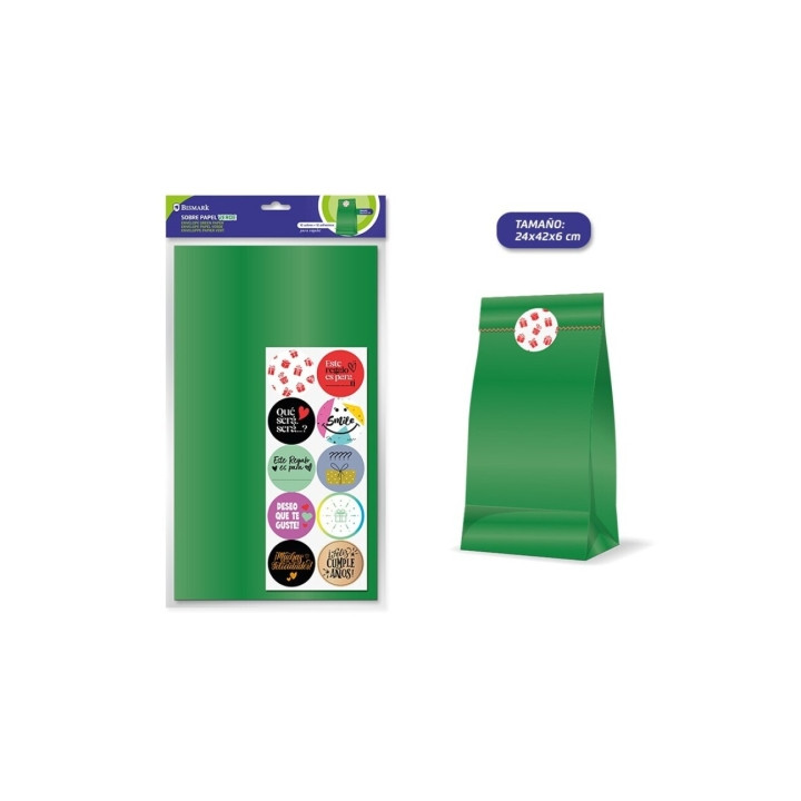 Bismark Pack de 10 Sobres Papel Kraft 50grs con 10 Pegatinas para Cierre - Medidas 24x42x6cm - Ideal para Regalos - Color Verde