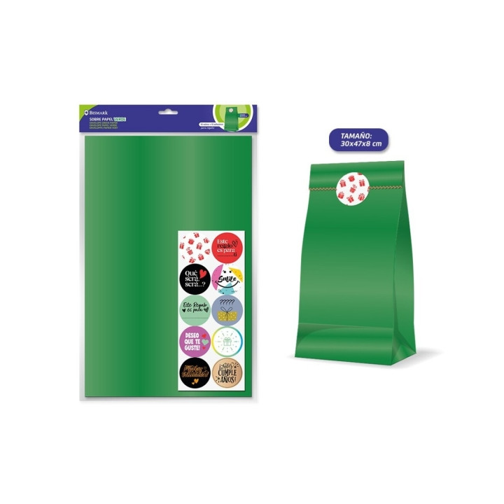 Bismark Pack de 10 Sobres Papel Kraft 50grs con 10 Pegatinas para Cierre - Medidas 30x47x8cm - Ideal para Regalos - Color Verde