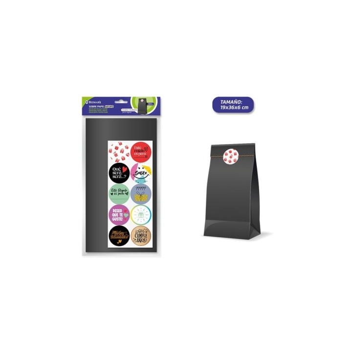 Bismark Pack de 10 Sobres Papel Kraft 50grs con 10 Pegatinas para Cierre - Medidas 19x36x6cm - Ideal para Regalos - Color Negro