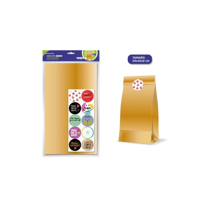 Bismark Pack de 10 Sobres Papel Kraft 50grs con 10 Pegatinas para Cierre - Medidas 24x42x6cm - Ideal para Regalos - Color Oro