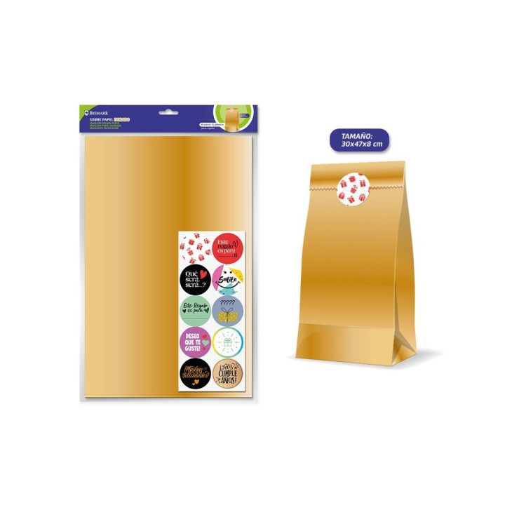Bismark Pack de 10 Sobres Papel Kraft 50grs con 10 Pegatinas para Cierre - Medidas 30x47x8cm - Ideal para Regalos - Color Oro