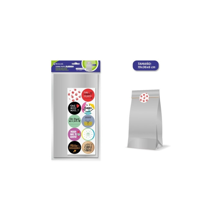 Bismark Pack de 10 Sobres Papel Kraft 50grs con 10 Pegatinas para Cierre - Medidas 19x36x6cm - Ideal para Regalos - Color Plata