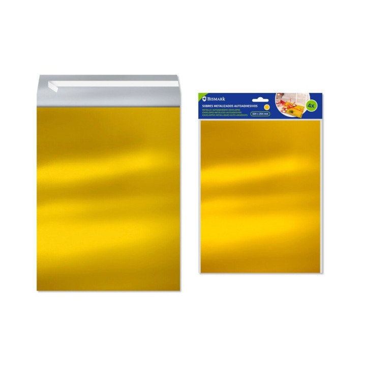 Bismark Pack de 4 Sobres Metalizados - Medidas 324x254mm - Cierre Autoadhesivo - Ideal para Regalos - Color Oro