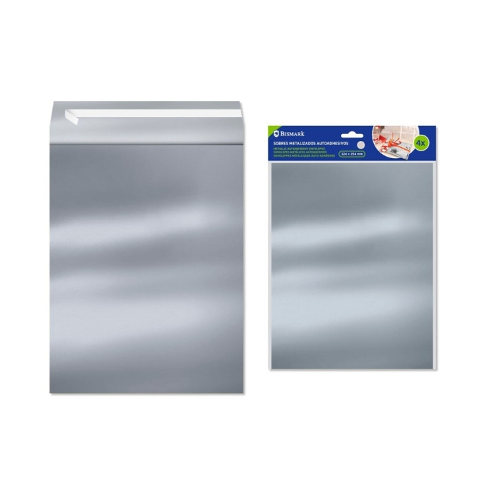 Bismark Pack de 4 Sobres Metalizados - Medidas 324x254mm - Cierre Autoadhesivo - Ideal para Regalos - Color Plata